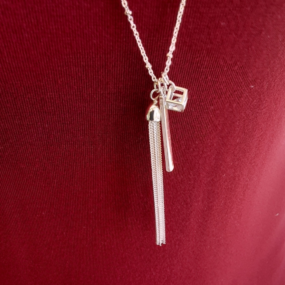 Triple Pendant CZ Silver Bead Station Oval Link Long Chain Necklace 32" Adj. VTG